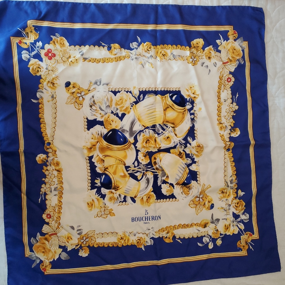 Boucheron Paris Large Silk Square Scarf Royal Blue Gold Floral